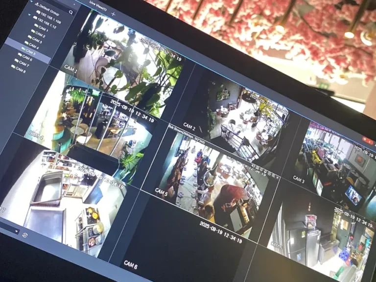 Software de monitoreo mostrando ocho cámaras en vivo