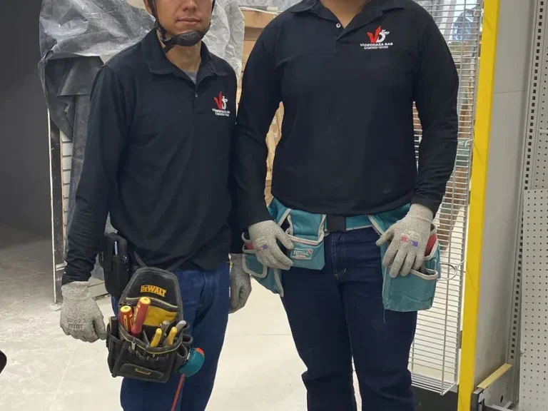 Dos técnicos de Videodaza SAS con casco y herramienta en una obra comercial