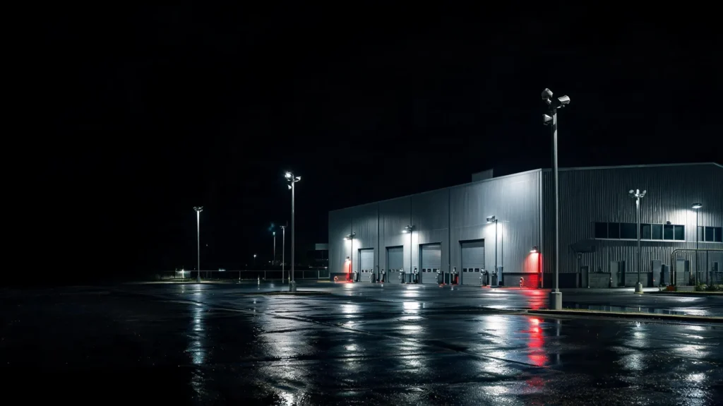 Bodega industrial iluminada de noche con cámaras perimetrales