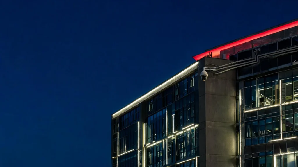 Fachada corporativa iluminada al anochecer con cámara de seguridad