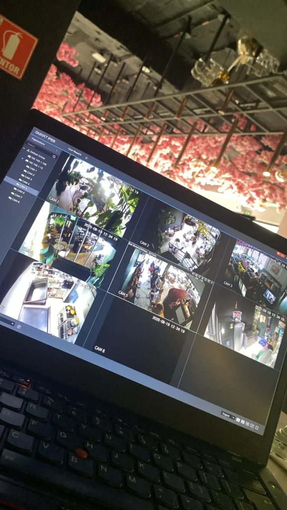 Software de monitoreo mostrando ocho cámaras en vivo
