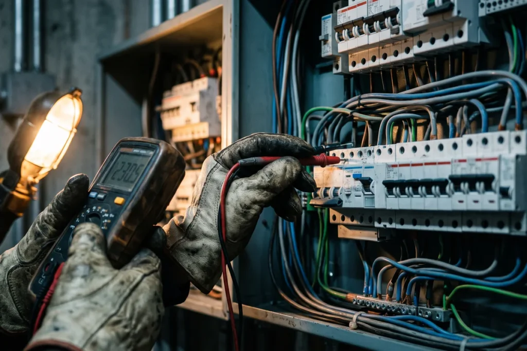 Multímetro midiendo terminales dentro de un tablero eléctrico durante el diagnóstico