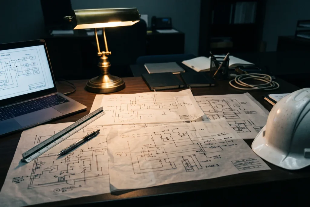 Planos eléctricos unifilares y portátil con diagrama de montantes sobre la mesa de diseño