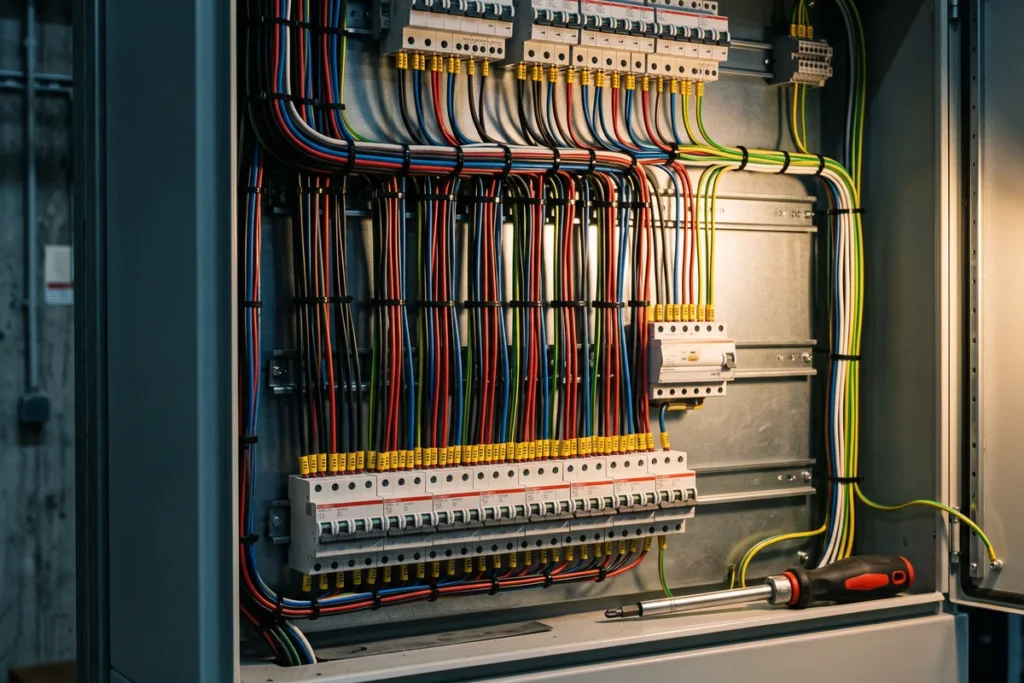 Interior de un tablero eléctrico recién instalado con el cableado peinado y marcado