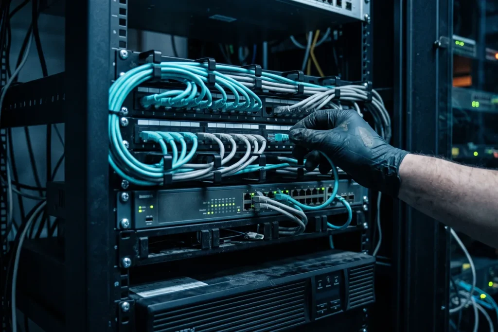 Mano enguantada conectando un patch cord en el rack de red durante el mantenimiento
