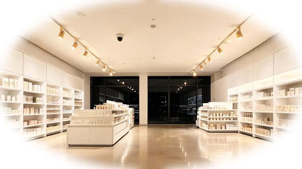 Interior de tienda con iluminación dirigida y cámara de seguridad