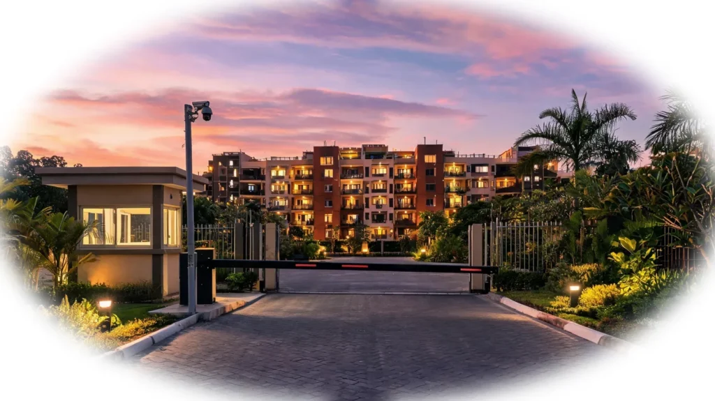 Conjunto residencial con portería, talanquera y cámara exterior