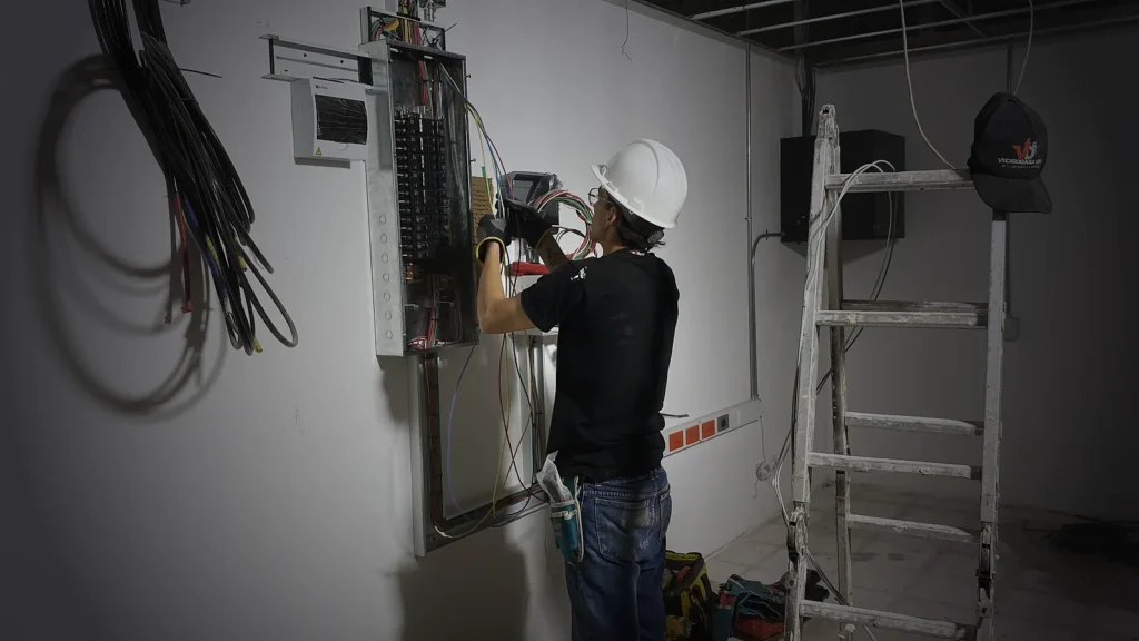 Técnico de Videodaza SAS cableando un tablero eléctrico en obra